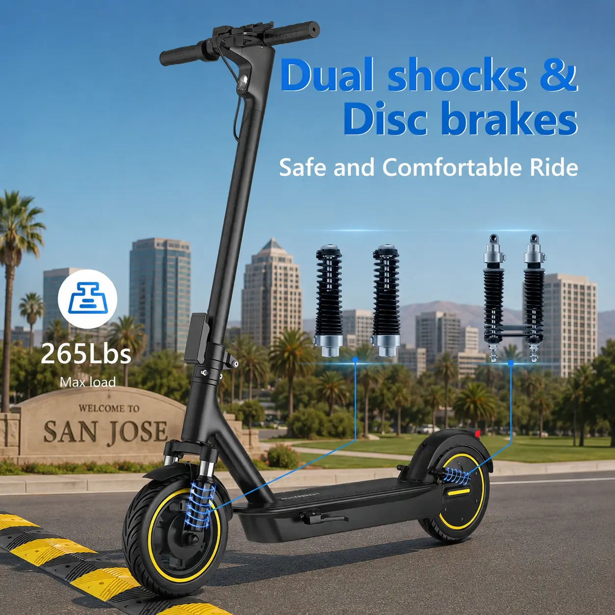 Esmax High-Speed Electric Scooter 10-inch solid tires 500W motor with front and rear dual shock absorption, range of 22-30 miles, top speed of 22 mph, dual braking system, LED lights, app control, aluminum alloy frame, Springtok。
