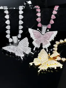 Stylish Romantic Butterfly Pendant Necklace, Heart-Shaped Tennis Chain Jewelry, Exquisite Glittering Design for Men & Women, Daily Wear, Iced Out Jewelry