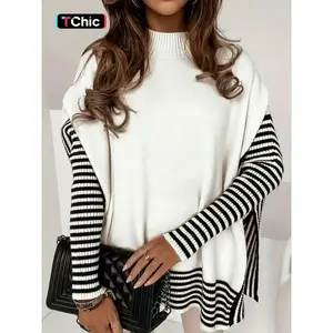 Women's High Neck Batwing Sleeve Sweater Coat, Fall Winter Loose Fit Colorblock Shawl Collar Pullover, Elegant Casual Fashion Top