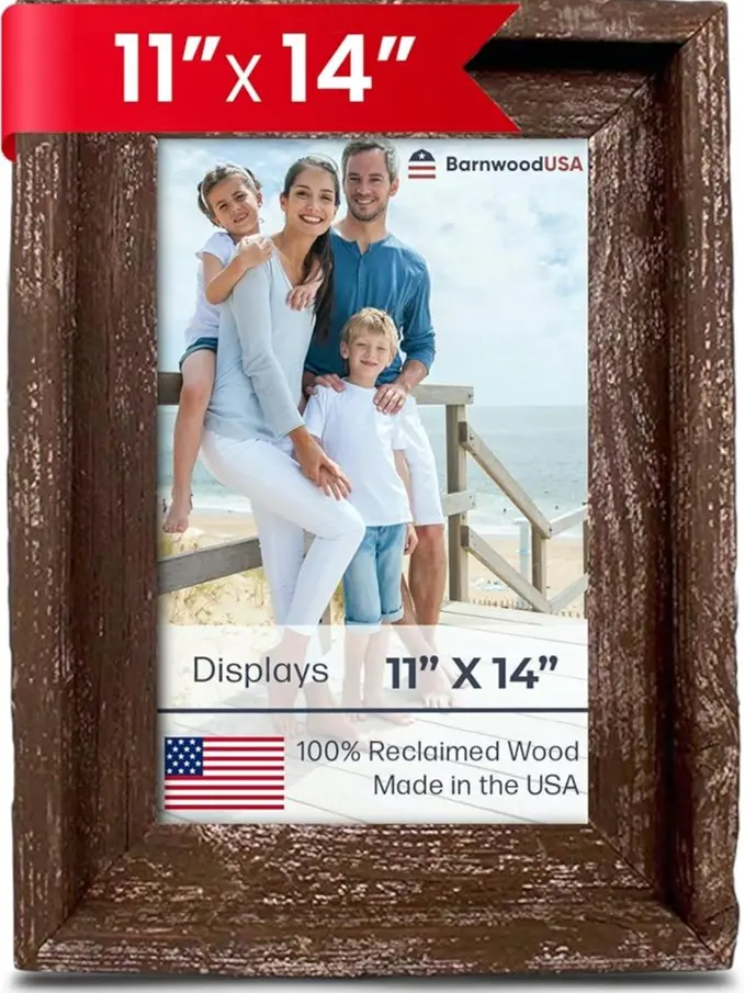 BarnwoodUSA Reclaimed Wood Single Rectangular Frame - Farmhouse Rustic Style, Raised Border, Landscape Mount, Cardboard Backing, Espresso Finish, Hangable - Made in USA for Living Room Decor, Family Portraits