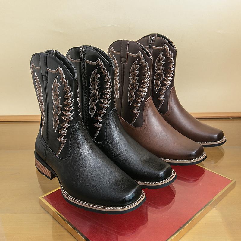 Men's Hand Embroidered Western Cowboy Boots, Vintage Brown/Black Wing Embroidery, European American Ethnic Style, Anti-Slip Sole, Closed Toe Fashion Footwear,mid-calf men