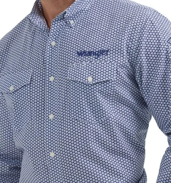 Wrangler® Men's Logo Long Sleeve Button Down Shirt, Blue