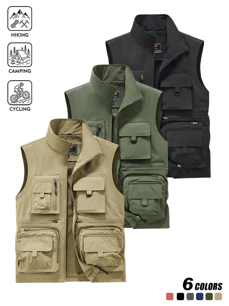 Men Utility Zip Up Vest, Durable Comfort Material, Stand Collar Design, Multiple Storage Pockets, Lightweight Sleeveless Outer Layer, Suitable for Travel, Fishing and Outdoor Trips
