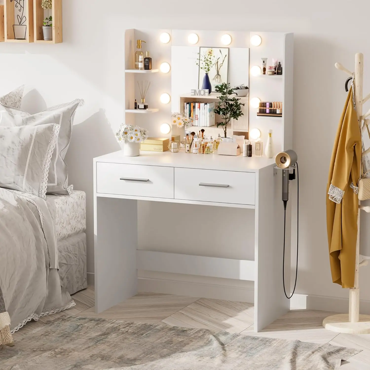 Furmax Makeup Vanity Desk with Mirror and Lights Power Outlet,   Beauty  Organizer Vanity Table 2 Drawers, 6 Storage Shelves Hairdryer Holder & Bench Dressing Table for Bedroom (White)