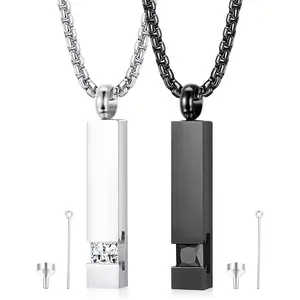 FINREZIO 2 Pcs Silvery Black Cremation Urn Necklaces Set for Ashes for Men Women 316L Stainless Steel Cylinder Memorial Pendant with Funnel Fill Kit Engravable Keepsake Urn Necklaces Shining Zirconia Waterproof Ash Holder Jewelry Set for Sympathy Gift