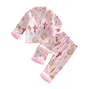 Kids Girls Easter Pajamas Set Satin Easter Eggs Rabbit Print Long Sleeve Shirts Tops Long Pants 2 Pieces Lounge Suit