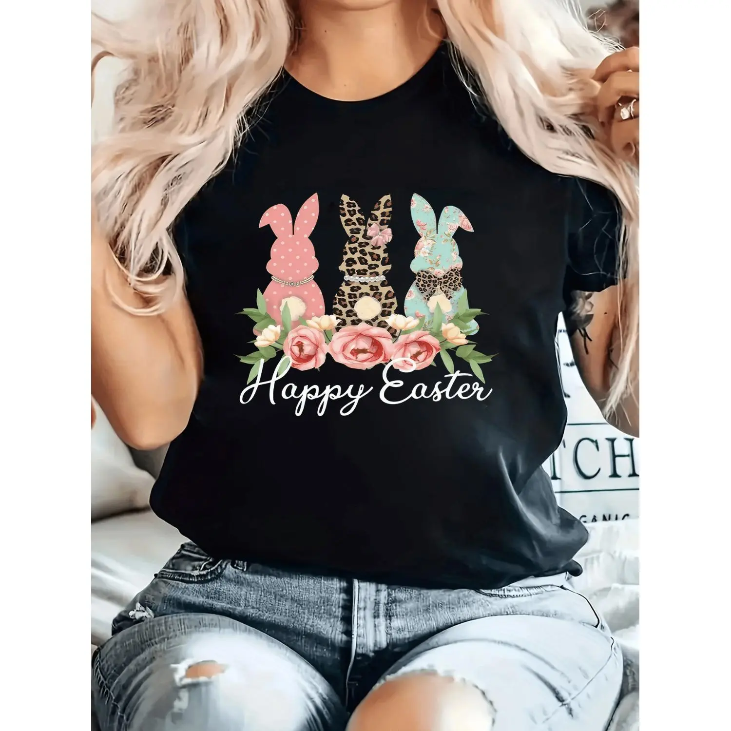 Pastel Mint Green Bunny and Tulip Short Sleeve Crew Neck Top with Bunnies Polka Dots and Floral Print Lightweight Easter Egg Hunt Outfit for Spring Celebrations and Casual Parties