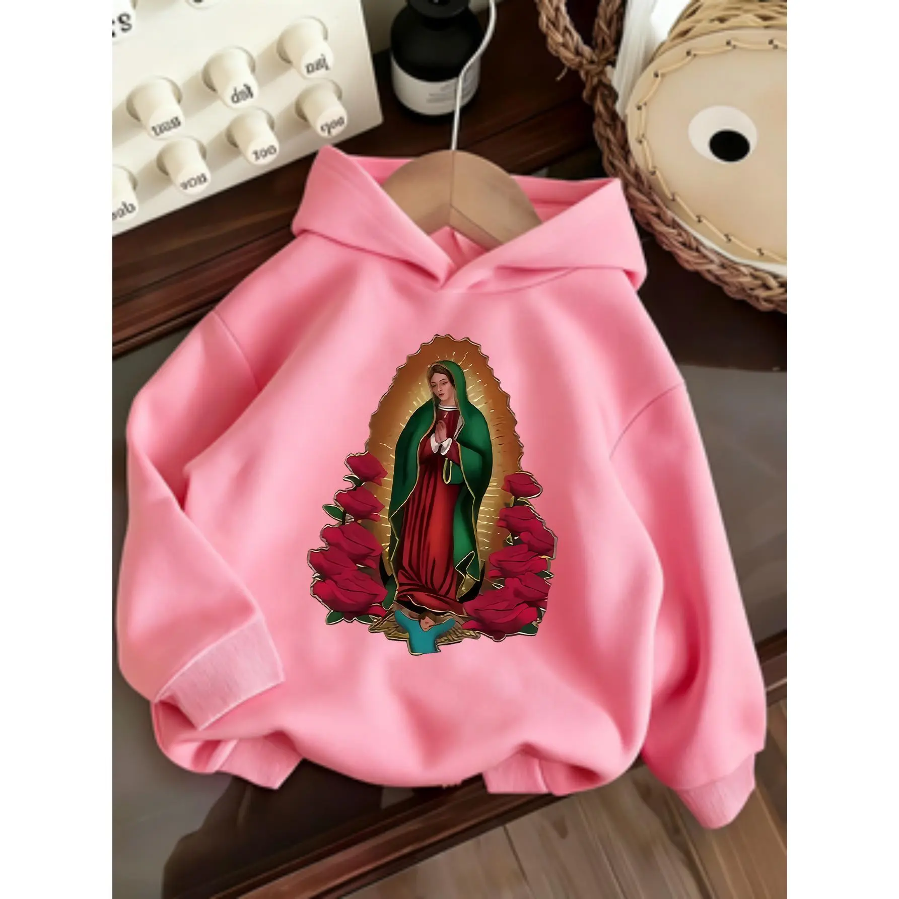 Girls' Catholic Virgin Mary & Jesus Christ Religious Hooded Sweatshirt - Soft & Golden Print Winter Warmth, Casual Christian Faith Apparel with Mary & Jesus, Casual Print Hoodie, Full Color Hoodie