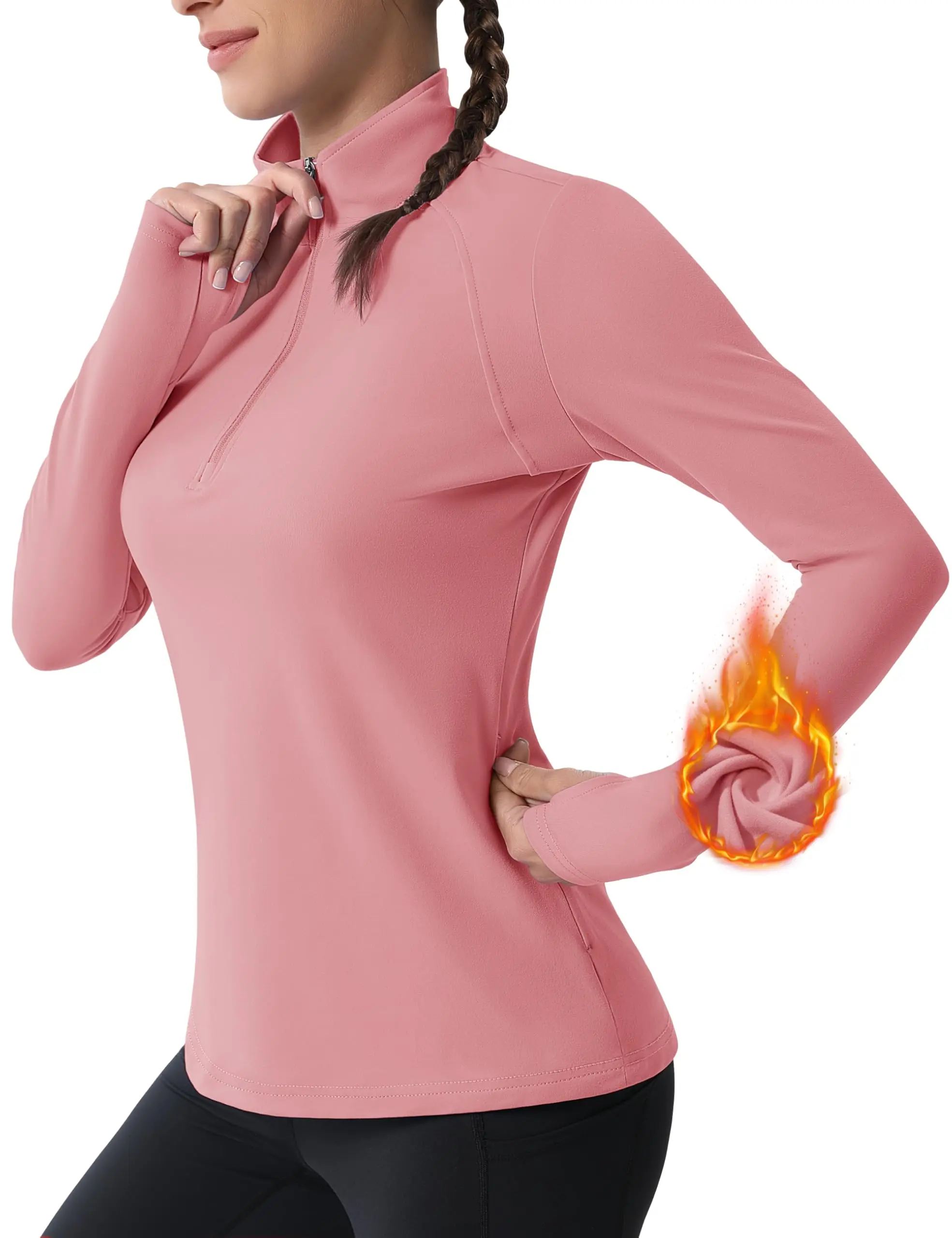 Cotrasen Women's 1/4 Quarter Zip Pullover Thermal Running Shirts Long Sleeve Athletic Warm Tops with Zip Pockets