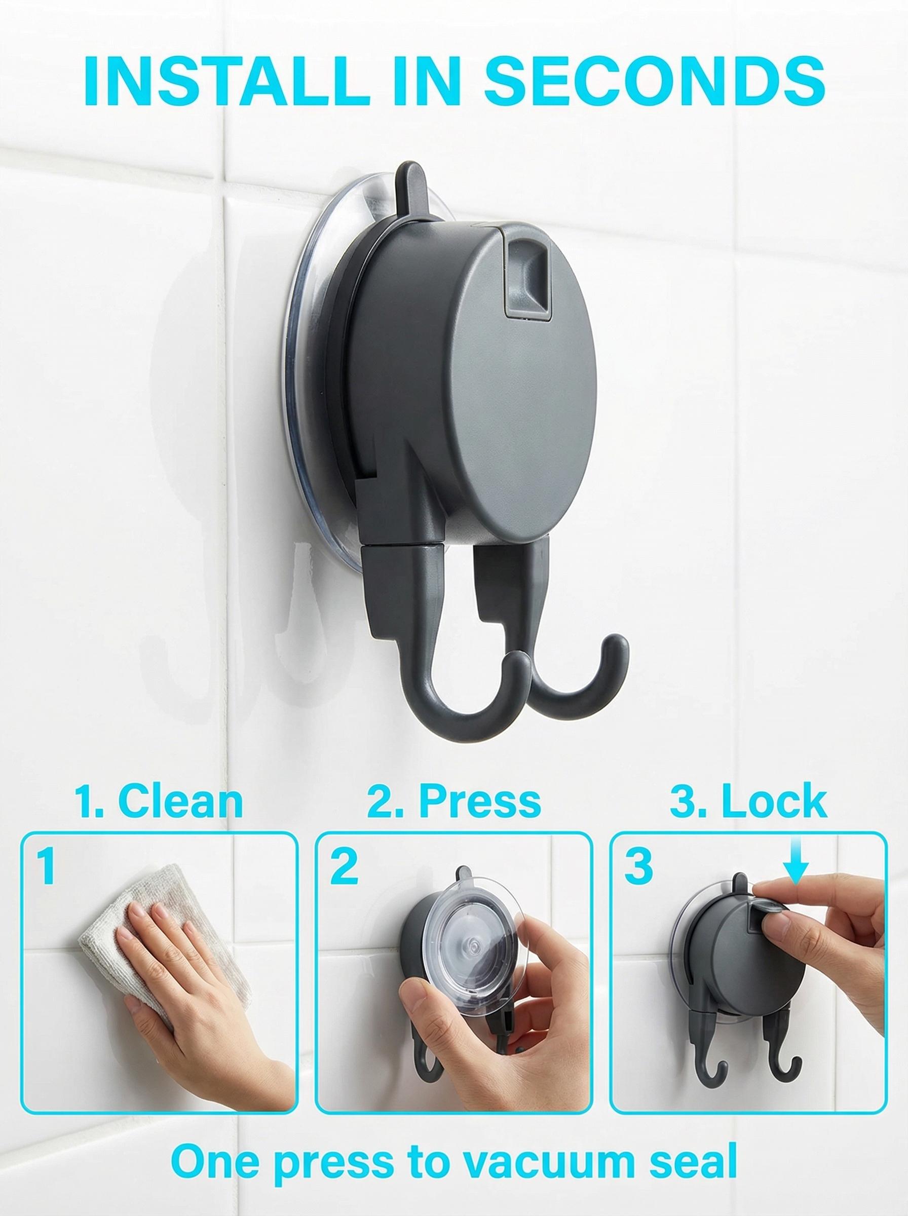 No Drill Suction Cup Hooks, Heavy Duty Vacuum Suction Hooks with Double Hooks, Reusable Waterproof Wall Hooks for Bathroom Kitchen, No Damage Hanger for Towels, Utensils, Bags, Renters Friendly, Fits Tile Glass Marble Metal