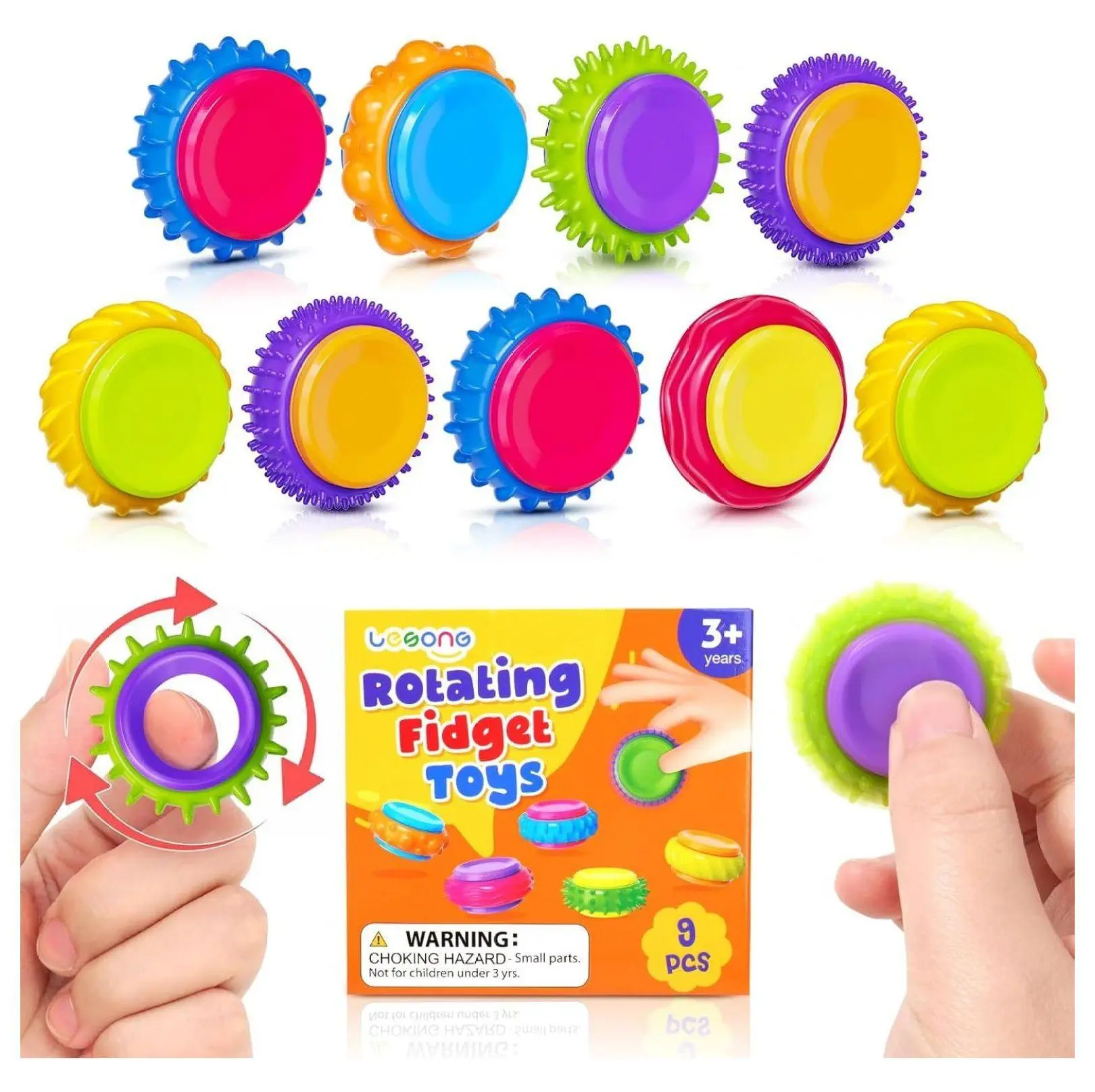 Sensory Rings for Anxiety - 9 Pack Fidget Toys for Kids & Adults - Quiet Spinners for Classroom, ADHD, Autism - Stress Relief, Focus, Stocking Stuffers 3.2 ounces