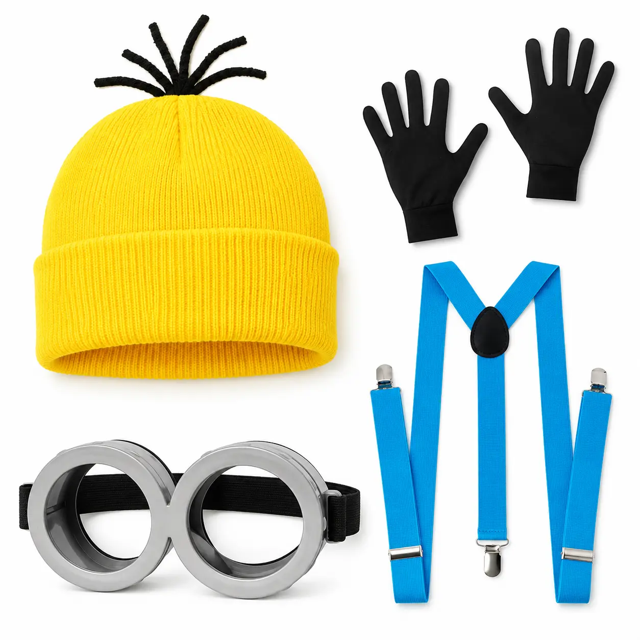 Adult Halloween Costume Accessories, 4-Piece Dress-Up Set with Yellow Beanie, Adjustable Goggles, Gloves & Suspenders