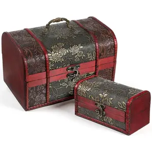 Wooden Treasure Chest Set - 2 Nesting Boxes,  Treasure Chest Boxes, Pirate Keepsakes Box, Brown Floral - Decorative Storage &  Box with Hinged Lid for   Trinkets