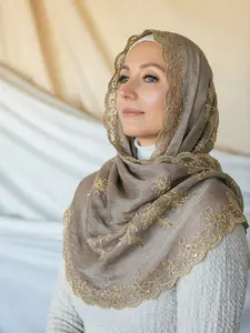 Fashion Floral Embroidered Georgette Hijab Scarf, Elegant Women's Print Headscarf, Muslim Daily Wear Turban, Breathable Beach Long Shawl