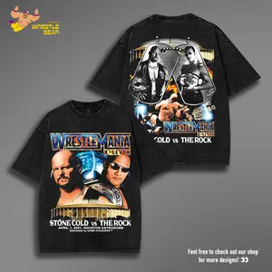 WWE Stone Cold Vs The Rock Wrestle Mania 17 Washed T-Shirt | Vintage Graphic Design | Iconic Wrestling Print | Classic Fan Apparel Cotton Fabric