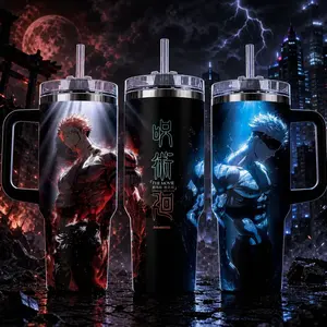 STORMMECH 40oz Handle Tumbler - Sukuna vs Gojo Washable Insulated Stainless Steel Water Bottle, Vacuum Insulation Kitchenware Drinkware with Black Cap & Handle, Large Iced Coffee Flask, Gift For Anime Fans