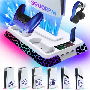 Cooling for Ps5/slim/pro, RGB Charging with Three-Speed Cooling Fan, Dual Ps5 Controller Charger, Stand with USB Hubs & Headset Holder