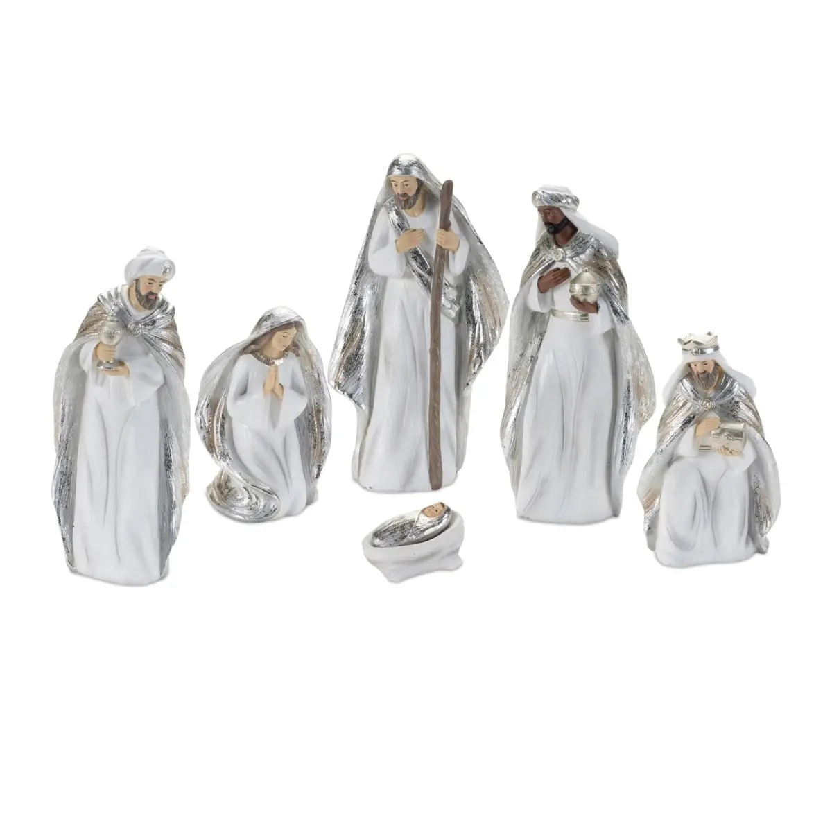 212 MAIN Melrose 94075DS Resin Christmas Religious Floral Figurine Decoration Set of 6 - 1-9 in., White & Silver, Nativity Scene with 3 Wisemen & Mary, Festive Wintry Holiday Home Decor, Three Wisemen