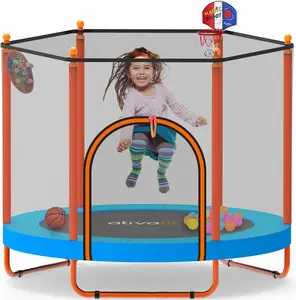 60'' Rebounder Trampoline Indoor Outdoor for  Ages 1-8, 5 FT Recreational  Trampoline with Safety Enclosure Net Gifts with Basketball Hoop Dartboard  Bal