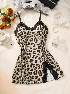 1pc Women's Sexy Nightgown, Leopard Print Contrast Lace Hem Slit Camisole Slip Dress