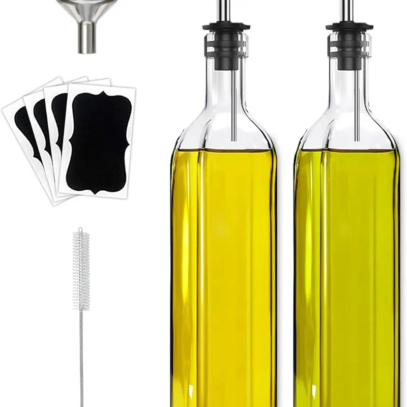 Olive Oil Dispenser Bottle, 2 Pcs Glass Olive Oil Dispenser and Vinegar Dispenser Set with 2 Stainless Steel Pourers, 4 Labels,1 Brush and 1 Funnel Oil Bottles for Kitchen (500ml)