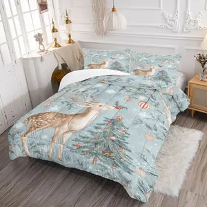 Winter Forest Deer Print Bedding Set, Includes 1 Quilt and 1/2 Pillowcases, All-Season Use, Soft and Comfortable