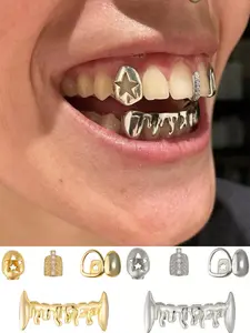 4pcs Vampire Aesthetic Tooth Caps, Hollow Star & Water Drop Design, 14k Gold Plated Copper, Unisex Hip Hop Fashion Jewelry