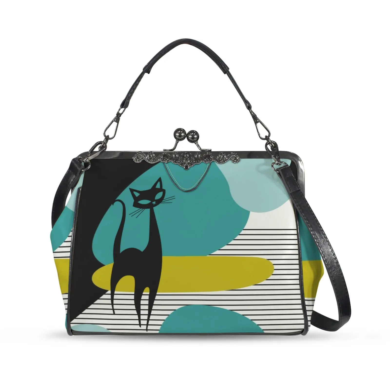 Mid Century Modern Atomic Cat Amoeba Designed Retro Kisslock Crossbody Purse
