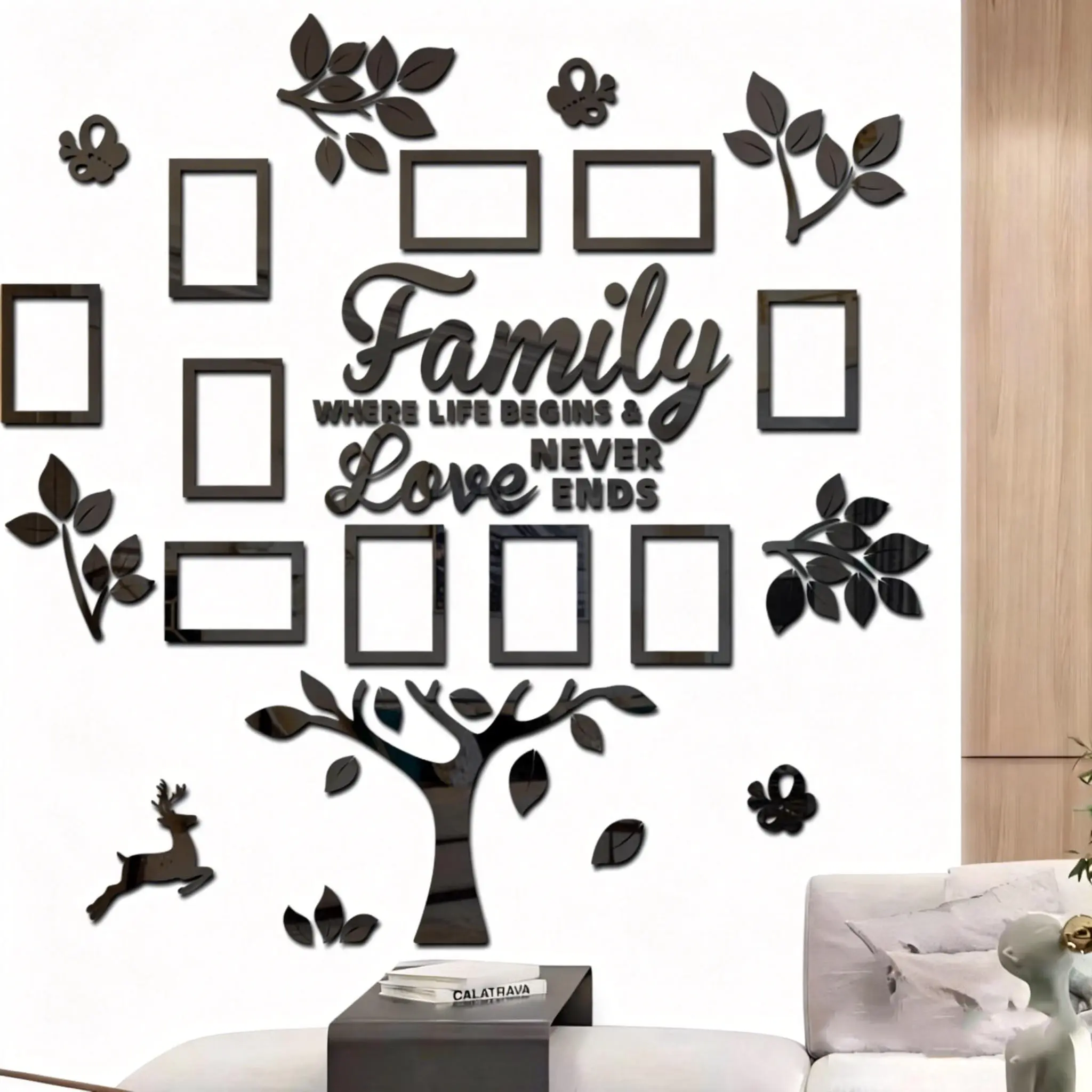 3D Tree-Shape Deer Acrylic Wall Sticker - 10.6in Thick Durable Removable High-Grade Home Decor for Living Room, Office Photo Background