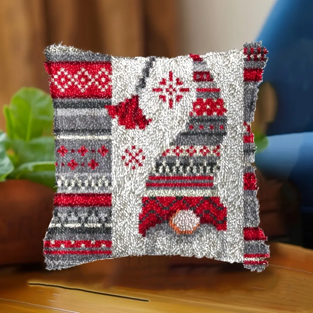 Latch Hook Kit for Adults, Latch Hook Gnome Pillow Case Kits, DIY Latch Hook Cushion Kits 17X17Inch, 43x43cm Cross Stitch Embroidery Kits Cushion Making Kits Home Decor 43x43cm- Red Gnome