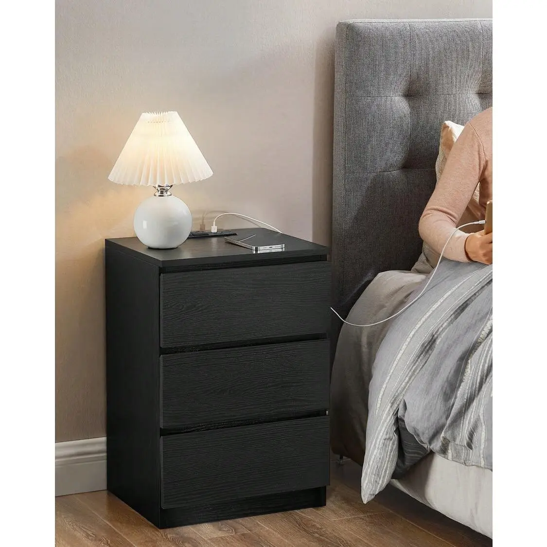 Modern Minimalist Rectangular Ebony Black Bedside Cabinet (Bedside Table) - Particleboard Nightstand With Charging Hub, 3 Drawers, 2 AC Outlets, 2 USB Ports, Beveled Drawer Fronts, For Bedroom