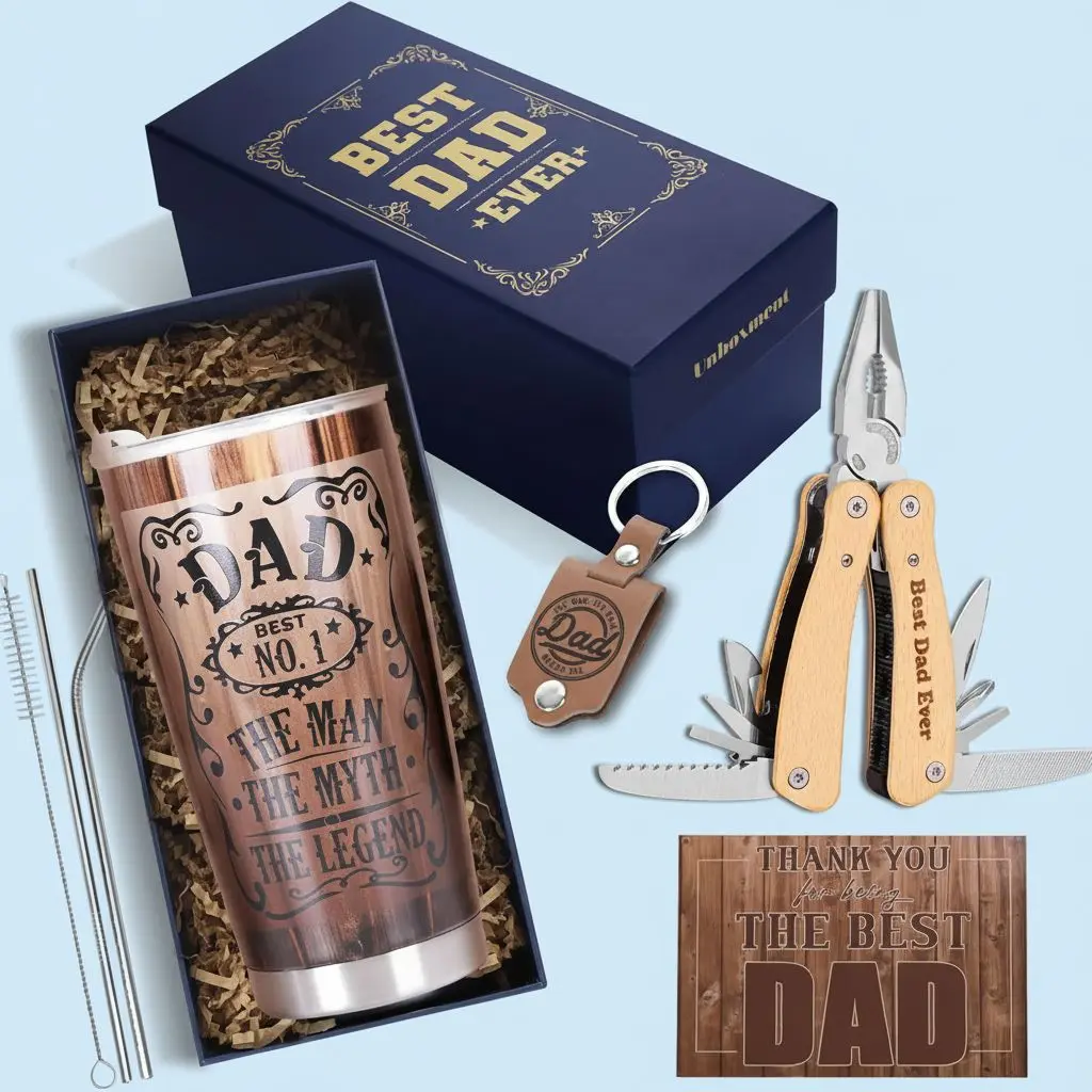 Best Dad Ever Gifts Basket, Retro Vintage Gift for Birthday Fathers Day Christmas, with Tumbler Mug, Multitool, Keychain, Stylish Gift