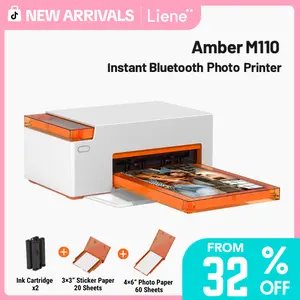Liene Amber M110 Bluetooth Photo Printer 80 Sheets, Photo Printer for iPhone, Thermal Dye Sublimation, Picture Printer 60 Sheets 4x6 Paper & 20 Sheets 3" Square Sticker Paper & 2 Cartridges, New Arrivals, Mother's Day Gift