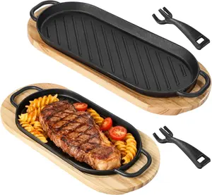2 Pcs Cast Iron Skillet Set - Sizzling Fajita Plate Pan with Wooden Base Removable Handle, Steak Pan for Outdoor Grilling BBQ Kitchen Cooking