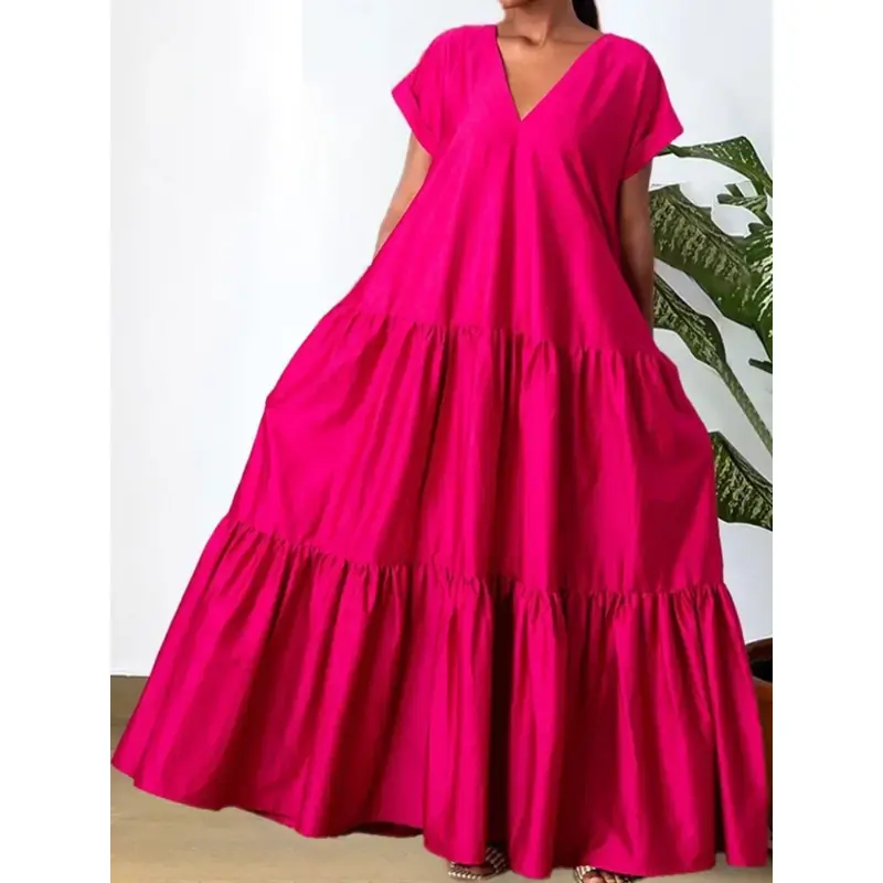 Women's Plus Size Short-Sleeve V-Neck Ruffled Oversized Loose A-Line Basic Maxi Dress - Outdoor Holiday Sports & Outdoor Casual Clothes, XXXL, Shortsleeve, Female, Casual Wear, Loose Fit, Gowns, Outdoors, Long Length, A-Line Cut