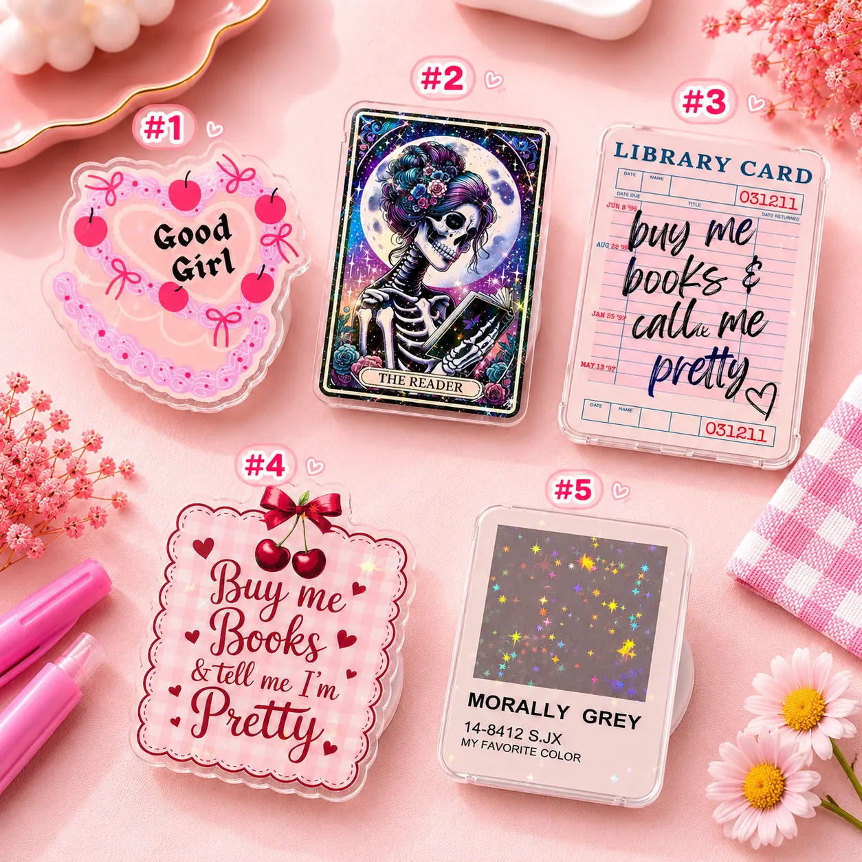 Bookish Girly Phone Grip Collection, Skeleton Reader Library Card, Morally Grey & Cherry Designs, Cute Reading Lover Phone Holder Gift