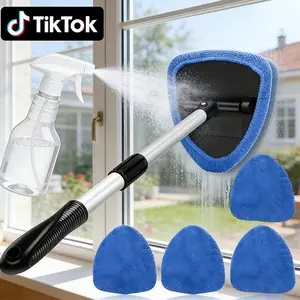 Windshield Cleaning Tool for Car Interior Glass, Extendable Handle Car Window Cleaner with 180° Swivel Head, Streak-Free Auto Glass Cleaner with Reusable Microfiber Pads & Spray Bottle, Car Accessories for SUV Truck