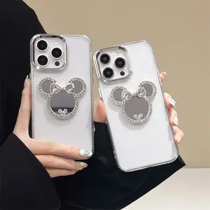 Mickey Mouse Ears Rhinestone Touch-Up Mirror Case For iPhone 17 16 15 14 13 12 Pro Max  Transparent, Minimalist Compact Mirror Soft Case, New Drop-Proof Protective Case for Women
