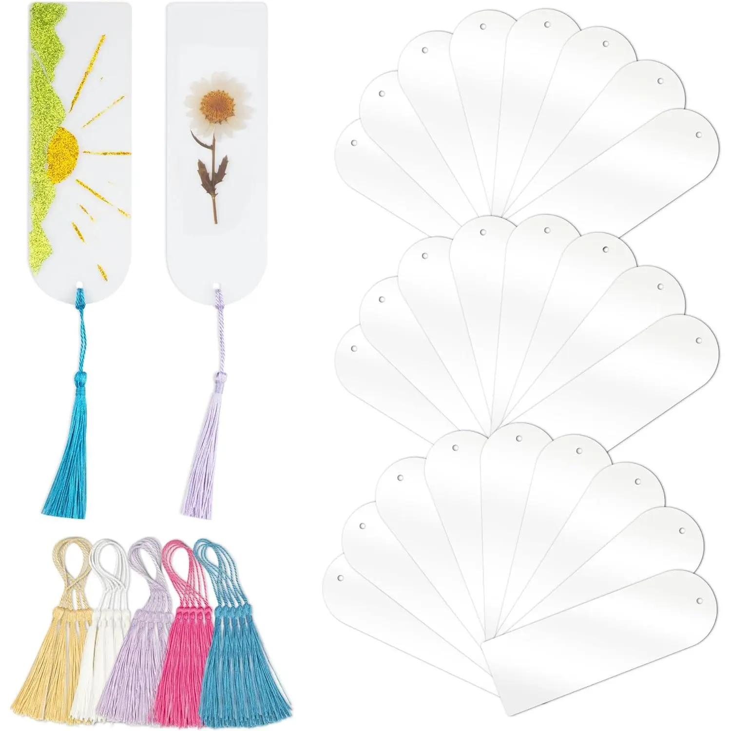 Bookmarks Blanks Bulk 50 count Semicircle Clear Bookmark Plastic Blank 25 Sets with 5 Color Tassels for Vinyl DIY Craft (5.9 * 2.0 inch)