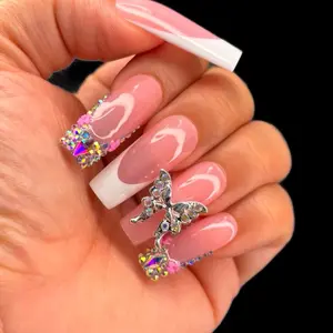 Stylish White French Tip with Butterfly & 3D Flower Press On Nails - Elegant Glossy Square Gel Design for Versatile Use