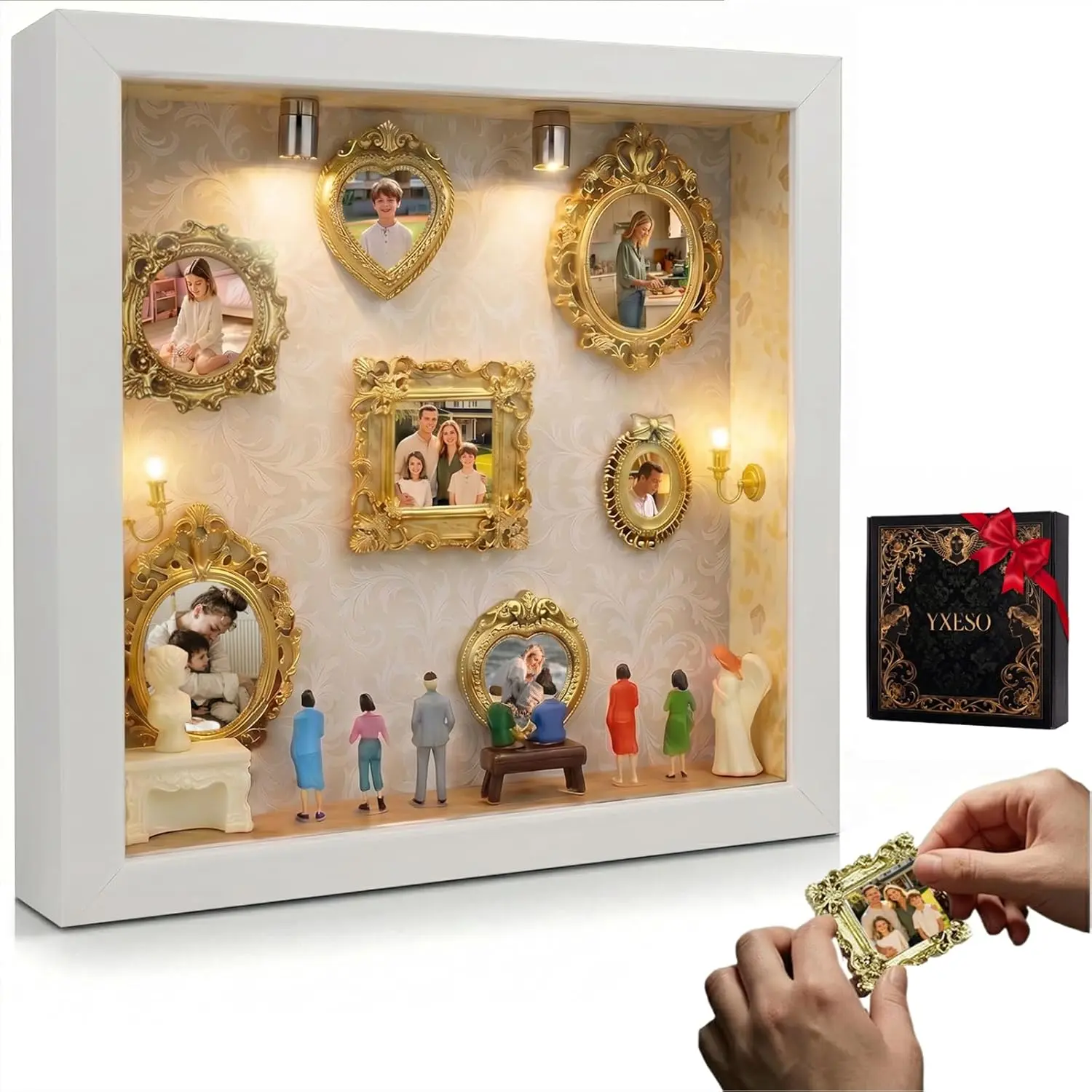 DIY Mini Museum Silhouette Photo Shadow Box Set - Tool-Free Golden Frame Set with Picture Holder, Gold Picture Frames & People Figurines, Mother's Day Gift for Home Decor Display
