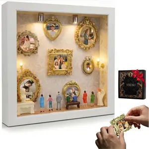 DIY Mini Museum Silhouette Box for Mother's Day, Shadow Box Frame with Gold Mini Picture Frames & People Figurines for Anniversary, Home Decor