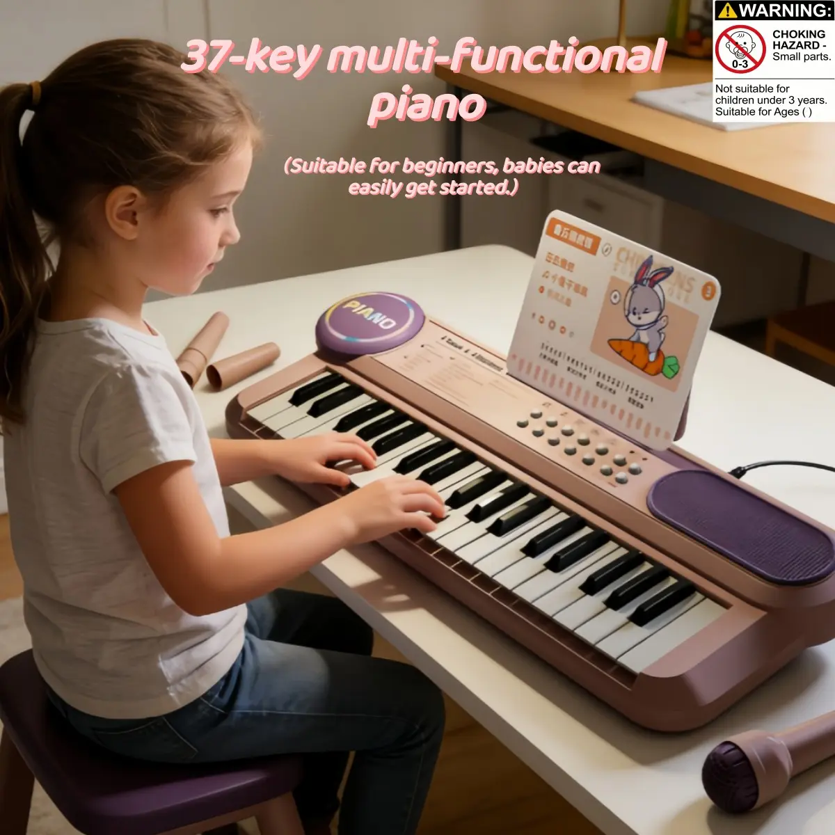 37-Key Electronic Multifunction Portable Piano Toy, Includes Microphone and Stand, Ideal for Beginners, Early Music Learning, Perfect Gift
