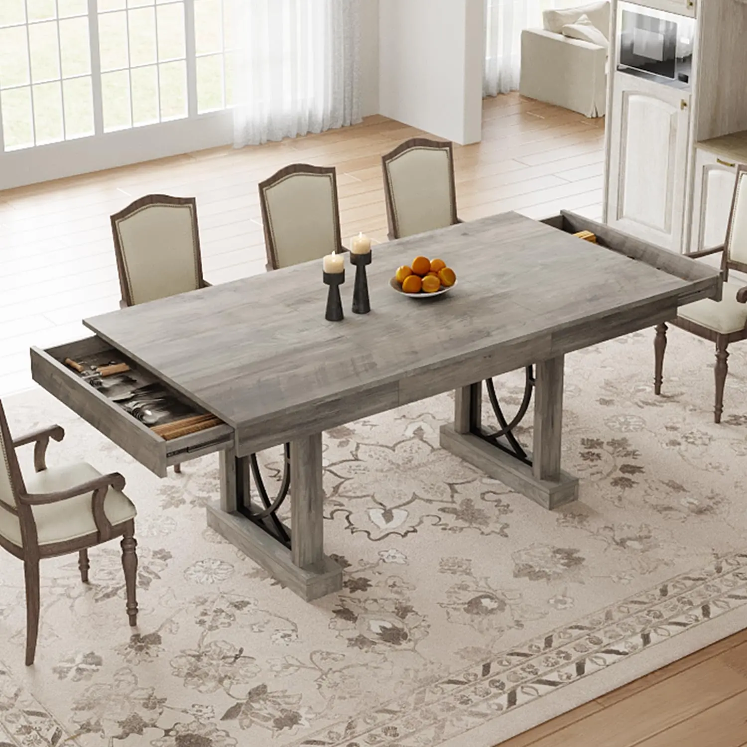 GAOMON 71-Inch Rectangular Dining Table with Two Drawers Wooden Kitchen Table w Large Tabletop & Sturdy Frame for 6-8 People Double Pedestal for Dining Room Office Fish-Shaped Legs Durable MDF Construction