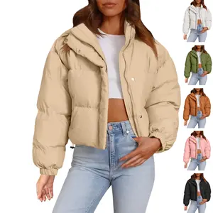 Lannew Womens Cropped Puffer Jackets Long Sleeve Stand Collar Coats Quilted Zipper Outerwear