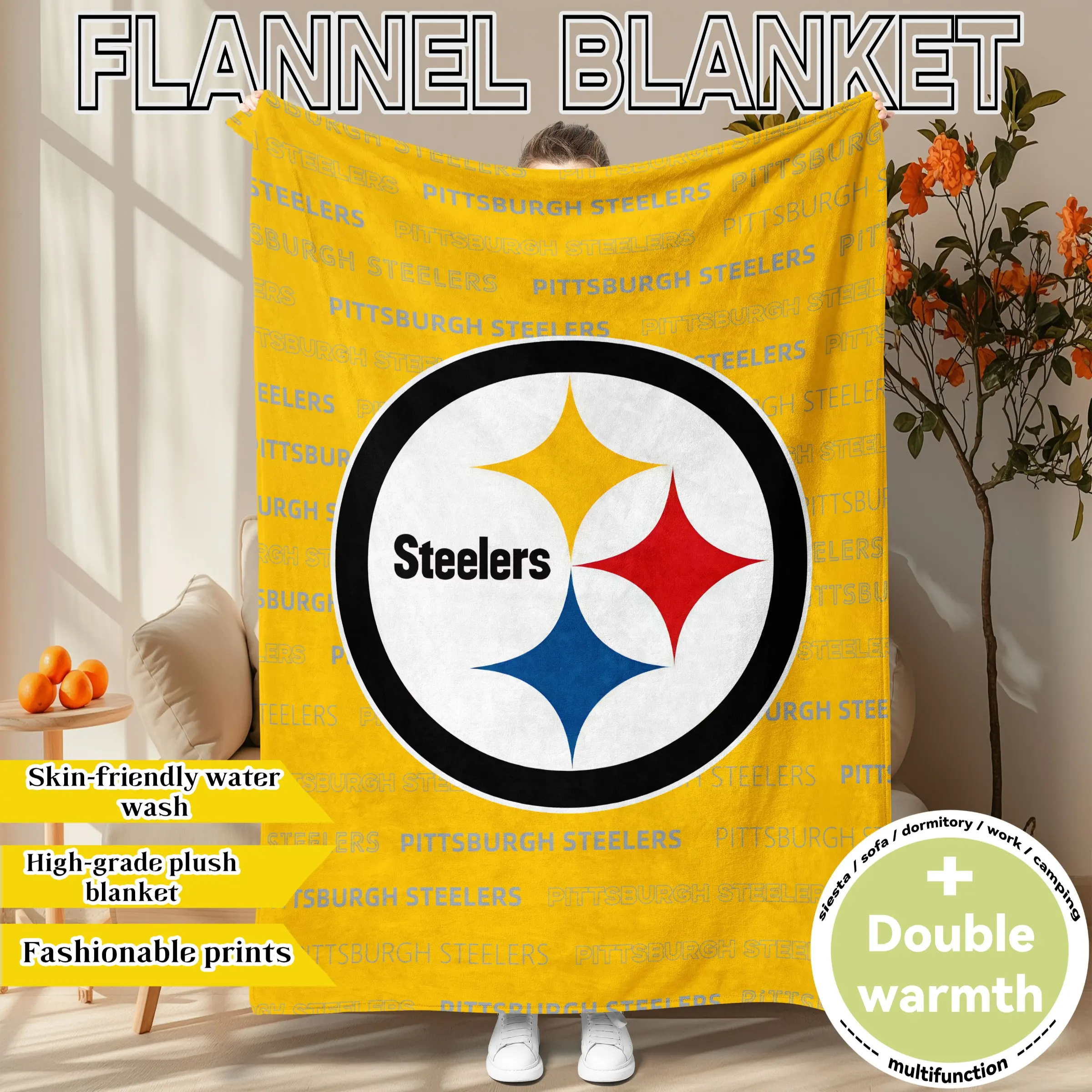 "Pittsburgh Steelers" print. NFL Super Bowl themed flannel blanket. Soft, plush, and oversized for warmth. Ideal for home, office, travel, or as a holiday gift. All-season use and machine washable. Soft Comfy Blanket