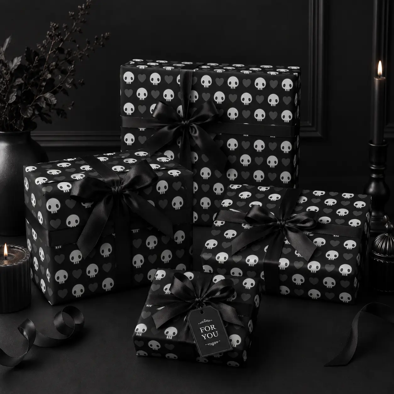 Cute Gothic Skull and Hearts Gift Wrapping Paper Sheet - Minimalist Black and White Spooky Love Wrap for Birthday Anniversary Decor