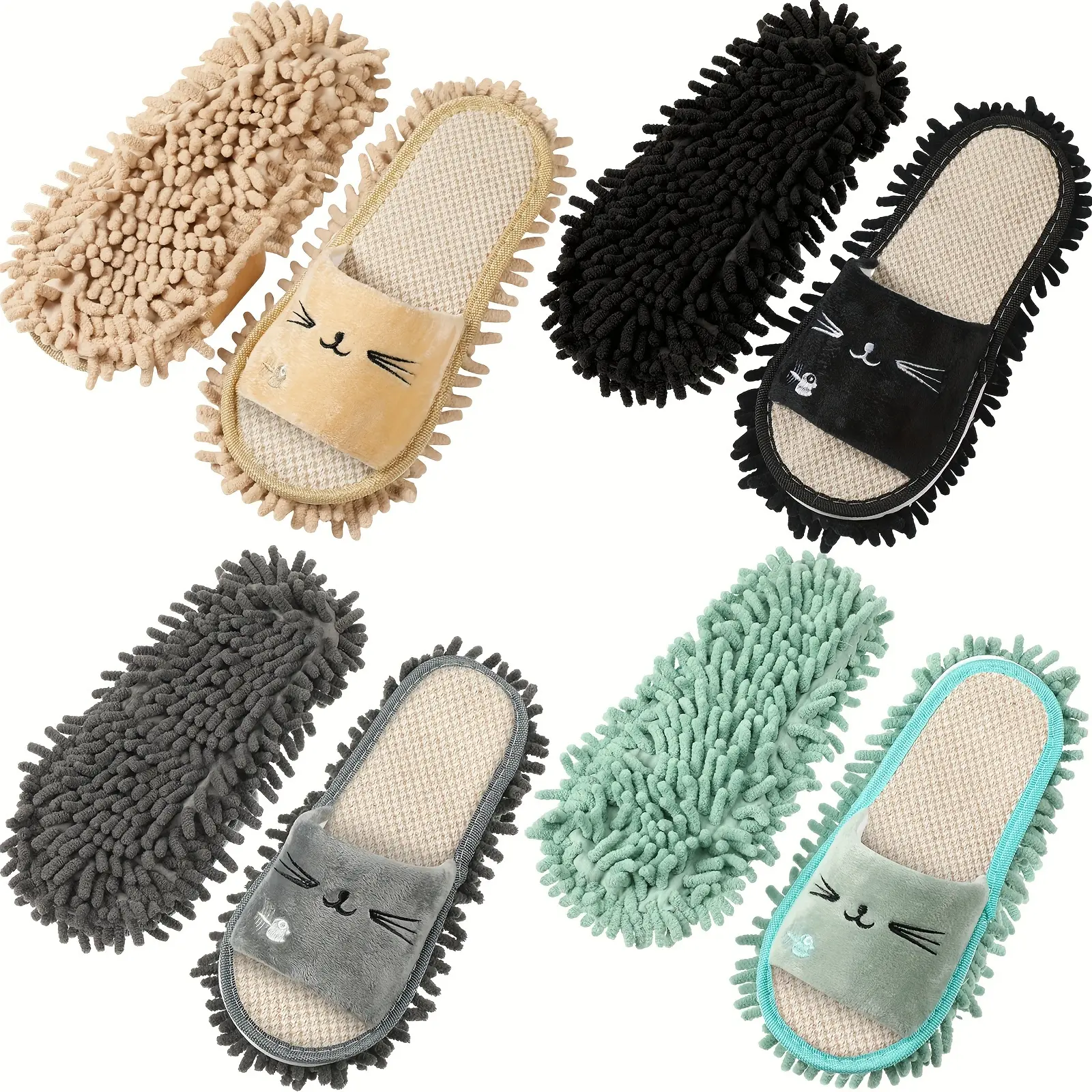 Women's Slide On Mop Slippers (4-Pair Set) - Polyurethane Core, Washable Microfiber, Removable Refills, Mixed Colors, Home Marble Floor Cleaning, Plant-Based Produce Wash Towels (Black, Green, Grey, Nude), Slides For Women, Four Pairs