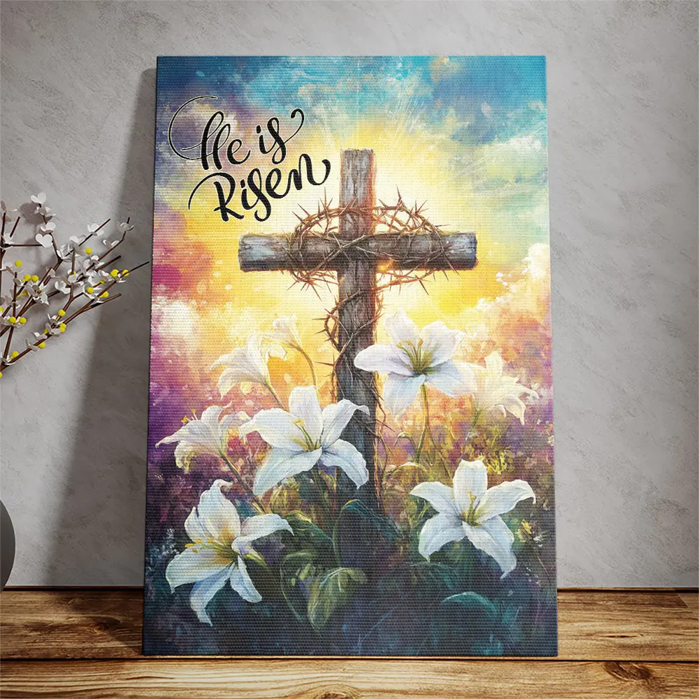 Petthouse | Jesus He Is Risen Poster Canvas, Happy Easter Cross Lily Flower Poster, Christian Church Decoration, Art Wall Home
