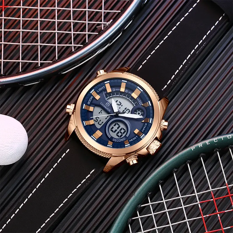 Men's Fashion Sport Watch - Waterproof Analog-Digital Chronograph with Elegant Rose Gold Round Face, Blue Dial, and PU Leather Strap